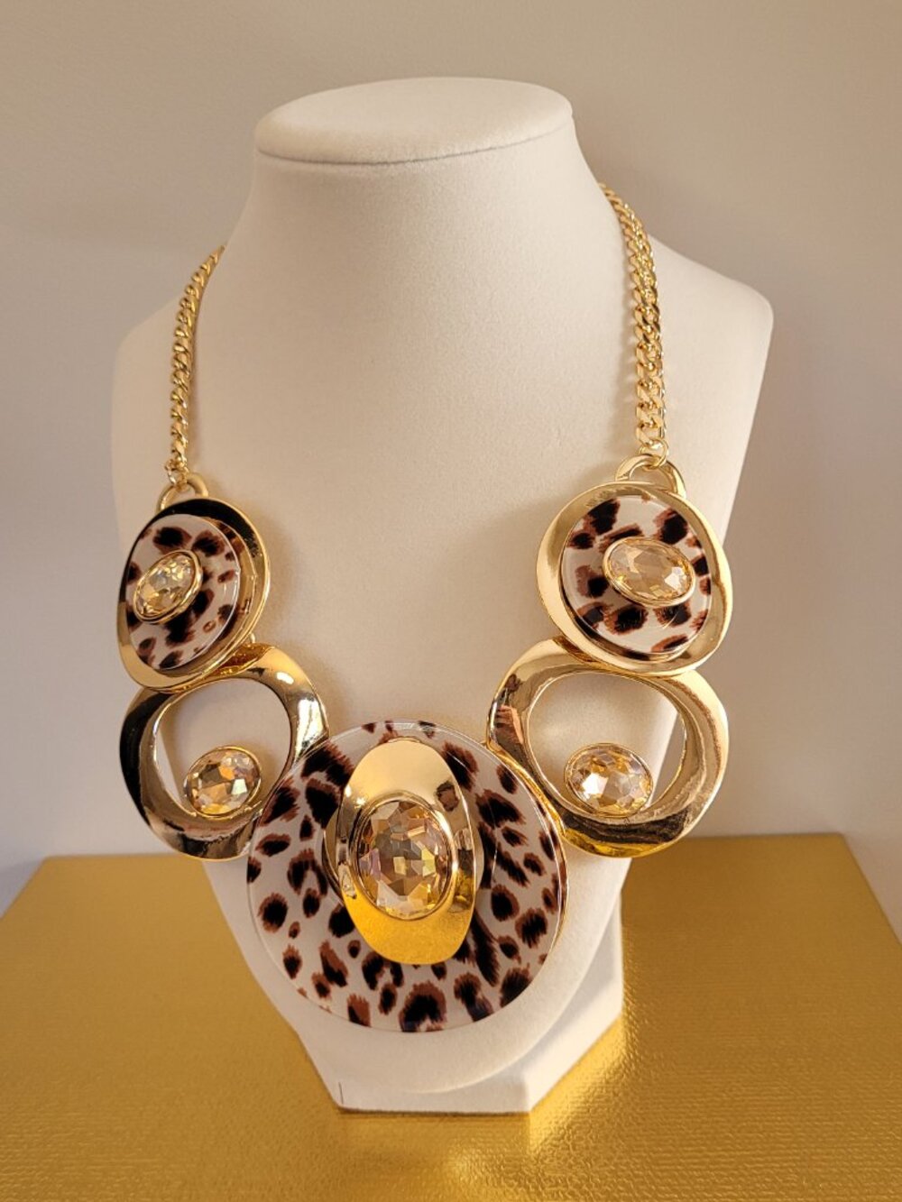 Leopard Print Statement Necklace. Gold Tone. Sparkling Crystal Accents. Natasha.